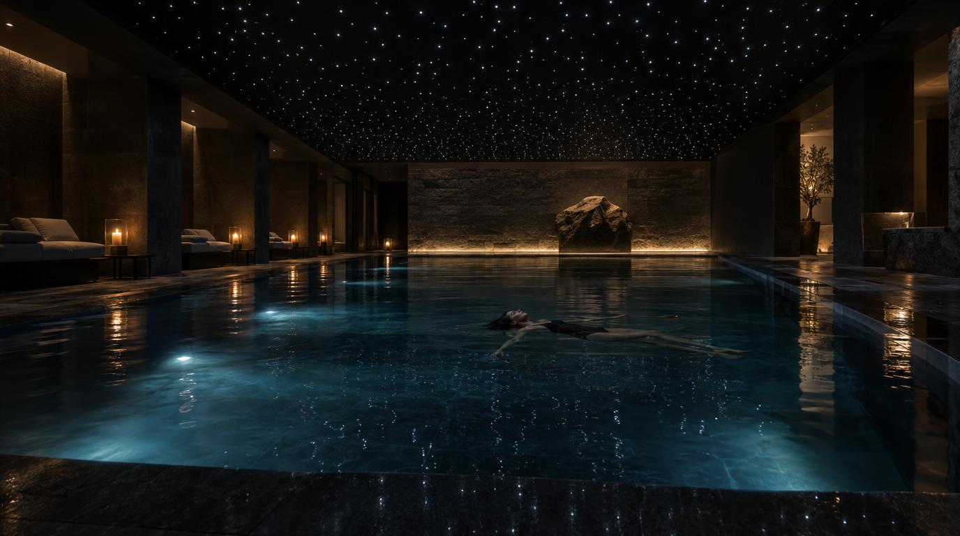 A dark indoor pool under a ceiling of tiny star lights, a guest floating