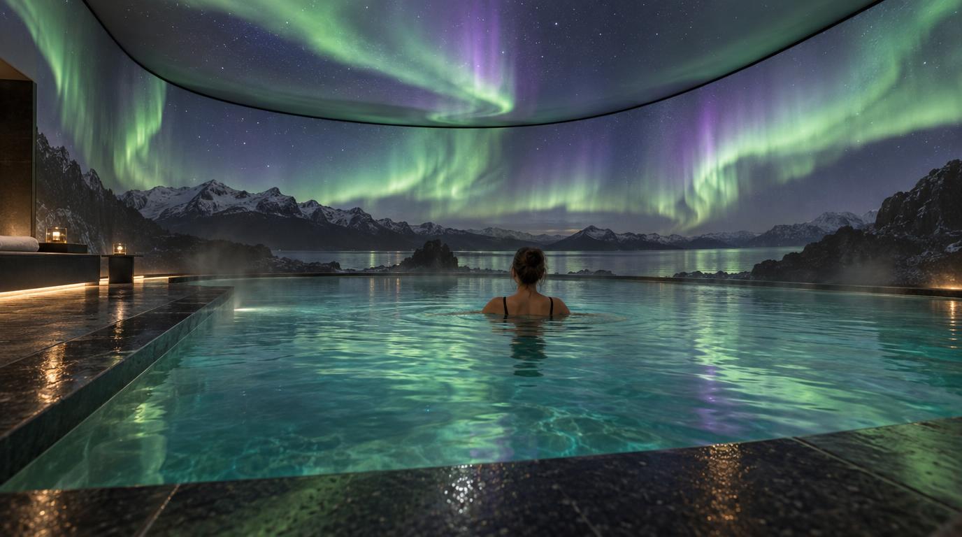 An indoor pool surrounded by walls showing green and violet northern lights, a guest floating in turquoise water