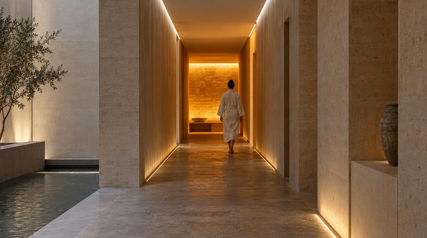 A softly lit stone corridor with a line of warm light leading inwards